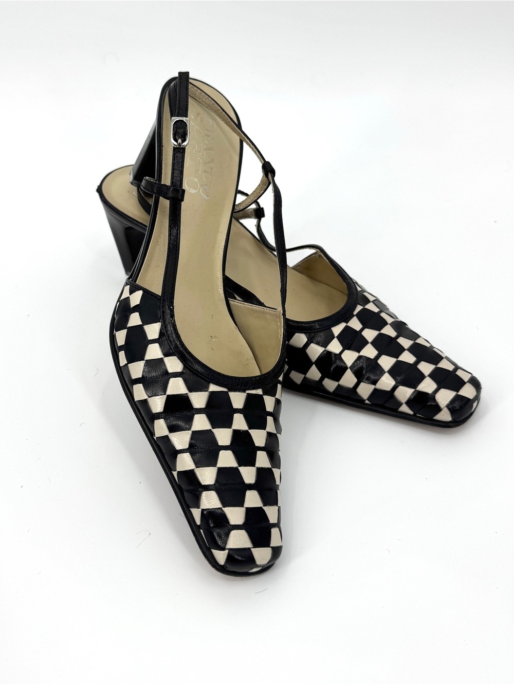 Franco Sarto Black and White Woven Slingback Heels